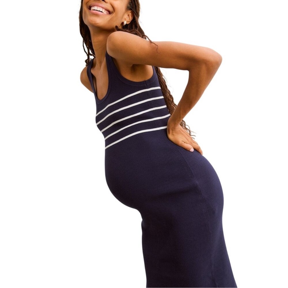 Hatch Navy Ribbed Tank Maternity Dress with White Stripes